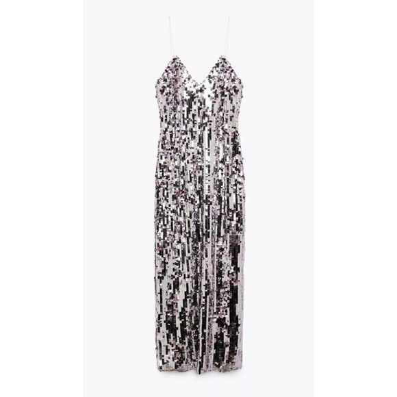 ZARA Dress XS Silver Strappy Sequin Midi Party 9373/567 Prom V-Neck Sparkle - Picture 5 of 16